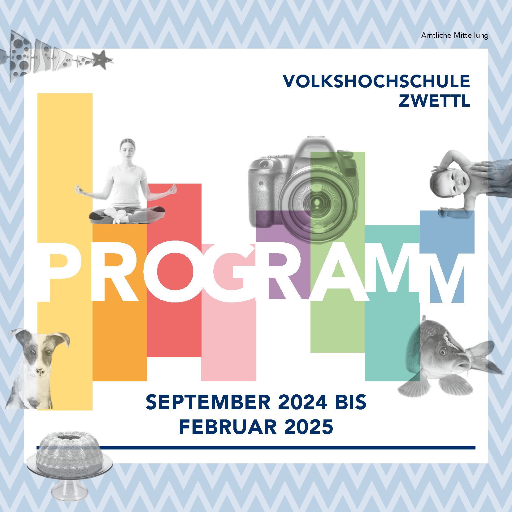 Titelblatt des Sommersemester 2024 Programmes. Februar bis Juni 2024. Zeigt eine Person die Yoga macht, ein Kind das Balett tanzt, einen Farbpinsel.